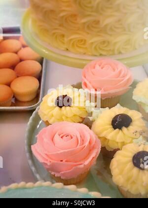 Bakery shop window with cakes and cupcakes. Stock Photo