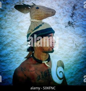 A Mayan ball player from Playa del Carmen, Mexico, at the opening ceremony of the first ¨Pok Ta Pok¨ Mayan ball game World Cup en Piste, Tinum, Yucatan, Mexico. Stock Photo