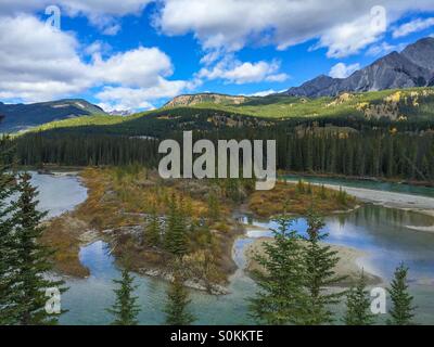 Bow River in Banff National Park under a sunny early fall sky. September 2015. Stock Photo
