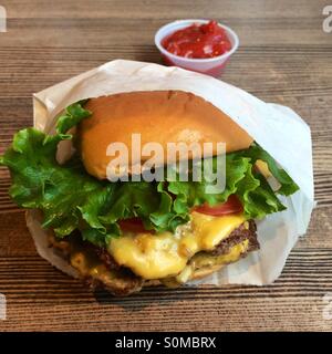A double shackburger, from Shake Shack in Paramus, New Jersey, USA.