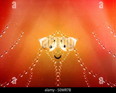 Symmetrical image of dew on a spiders  web with cartoon face Stock Photo