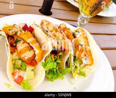 Lunch. Fish taco and beer. Stock Photo