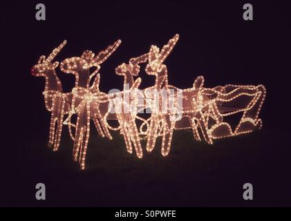 Santa's Christmas reindeer and sleigh garden lights Stock Photo