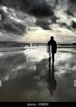 Woman in silhouette standing on wet beach Stock Photo