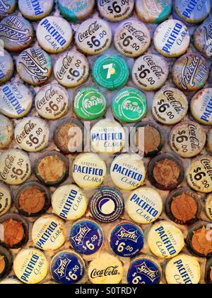 Part of mural made of old beer bottle caps. San Pancho, Riviera Nayarit, Mexico. Stock Photo