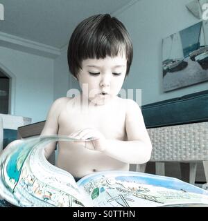 A little boy reading a book Stock Photo