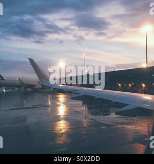 airplane wing in the early morning Stock Photo