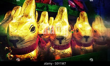 Chocolate Easter bunnies lined up neatly at a store. Stock Photo