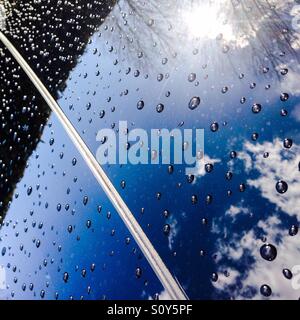 Planet earth! ( rain drops and reflection on car sun roof) abstract Stock Photo