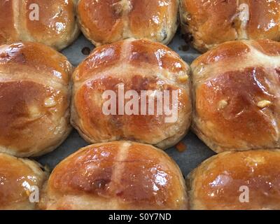 Hot cross buns, traditional Easter speciality, on the baker's tray. A spiced, sweet bun traditionally eaten on Good Friday. Stock Photo