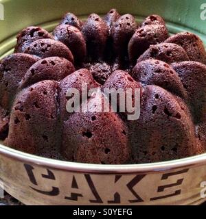 Chocolate bunt cake in a vintage tin. Stock Photo