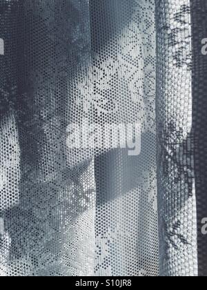 Sunlight shining through lace curtains. Stock Photo