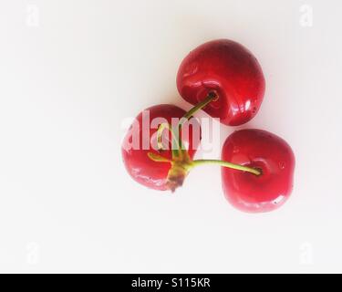 High angle view of three cherries connected by their stems on a white background Stock Photo