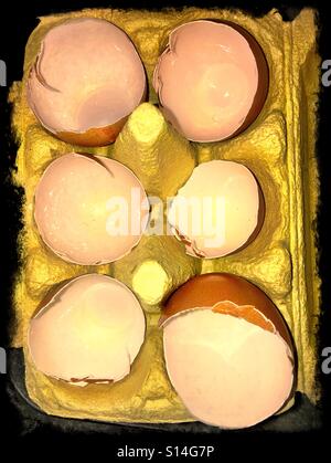 6 broken eggshells displayed in a yellow cardboard egg box Stock Photo