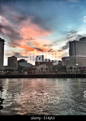 New Orleans Riverwalk area from Mississippi River paddleboat Stock Photo