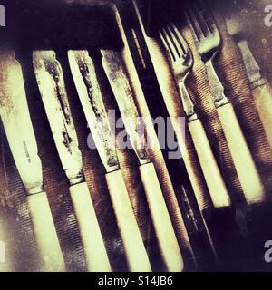 Antique boxed set of fish knives and forks. Stock Photo