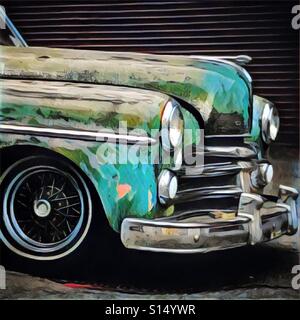 A digital artwork of the front end of an old beat up vintage antique car Stock Photo