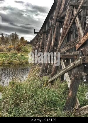 Rail trestle bridge over the Sturgeon River in St Albert Alberta Stock Photo