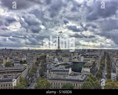 Cloudy day in Paris.  View from atop Arc d'Triomphe with Eiffel Tower in background. Stock Photo