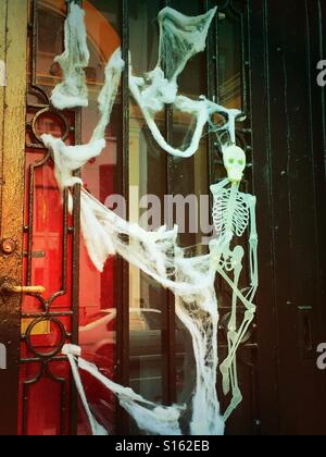 Halloween Display on front door porch in NYC Stock Photo