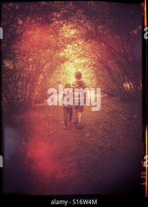 A brother and sister walk arm in arm down a woodland path, travelling towards the light. An image to illustrate sibling love, togetherness and adventure, as well as loneliness. Photo © COLIN HOSKINS. Stock Photo