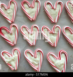 Candy cane hearts filled with white chocolate Stock Photo