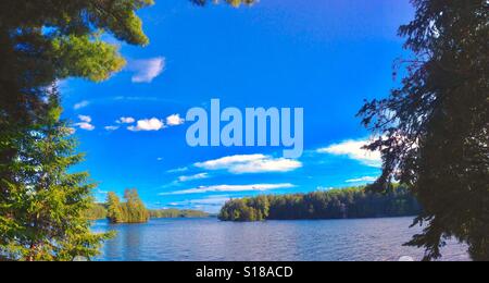 Island Under Blue Sky On Sunny Lake Day View From Shady Forest Portrait Stock Photo