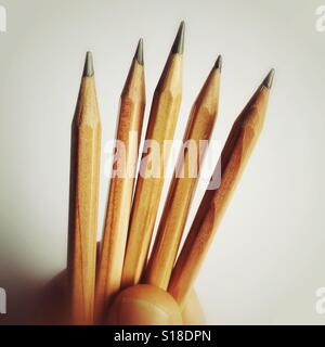 Holding a collection of 5 pencils Stock Photo