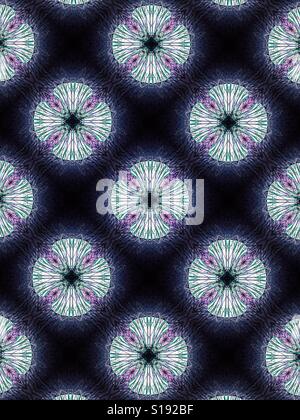 An abstract design featuring white floral starbursts on a purple background Stock Photo