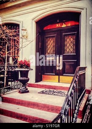 Nicely kept brown stone entrance and porch, Murray Hill, NYC, USA Stock Photo