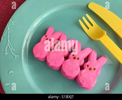 Peeps bunnies on a plate. Stock Photo