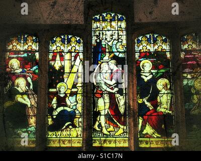Stained glass window in St Andrew's Church, Minterne Magna, Dorset, England Stock Photo