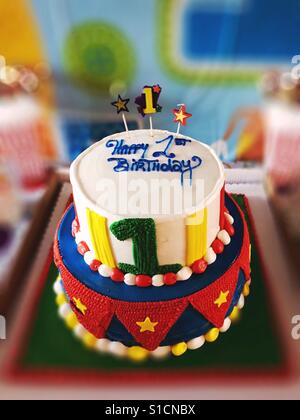 First birthday colorful circus themed cake. Stock Photo