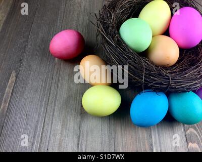 Easter eggs in a nest on a wood surface Stock Photo