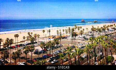 Areal view of Huntington Beach with Pacific Coast Highway on a sunny spring day. Stock Photo