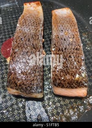 Crispy skin salmon pan fried Stock Photo