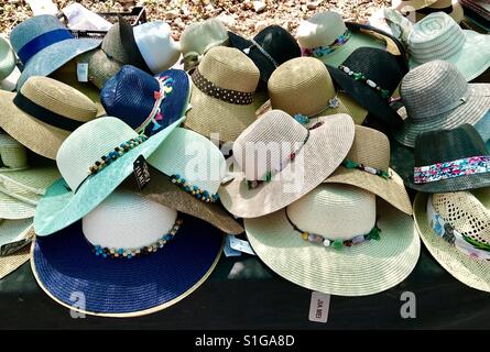 Selection of hats on a Spanish market stall. Stock Photo