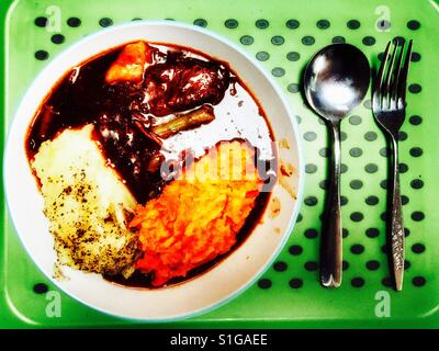 Beef stew with mashed potatoes and mashed carrots and parsnips served on green plastic tray Stock Photo