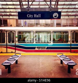 A Calgary transit train leaves the City Hall station during the morning commute Stock Photo