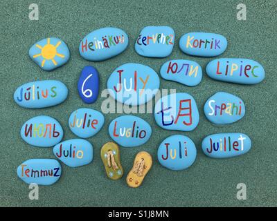 6 July, calendar date in many languages and stones Stock Photo