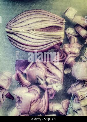 Chopped shallots on kitchen cutting board, USA Stock Photo