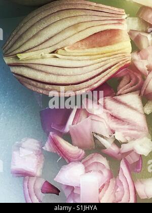 Chopped shallots on kitchen cutting board, USA Stock Photo