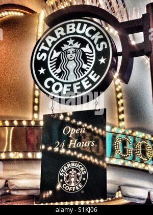 Starbucks Coffee sign in Las Vegas - open 24 hours Stock Photo