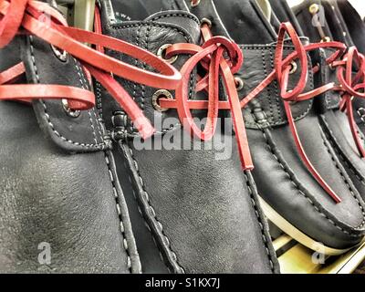 Men's leather boat shoes in a Spanish shoe shop Stock Photo
