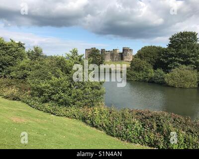 Wide angle view of the park and moat around Caerphilly castle Stock Photo