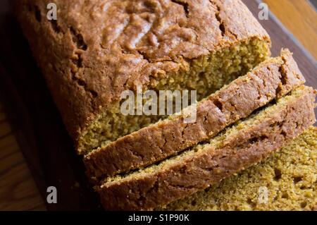 Freshly baked and sliced pumpkin bread Stock Photo