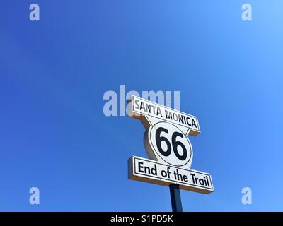 Iconic 'End of Route 66' sign on Santa Monica Pier, Los Angeles, California, USA. Stock Photo