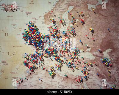 Europe map with pins reflecting London visitors Stock Photo