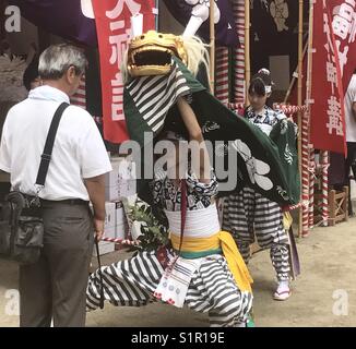 Man being blessed by the Shishi, lion, during the lion dance at Tenmangu Shinto shrine during Tenjin Matsuri festival in Osaka, Japan. Stock Photo
