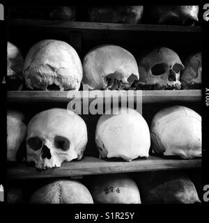 Human skulls stacked in the crypt of St Leonard's church at Hythe on Romney Marsh